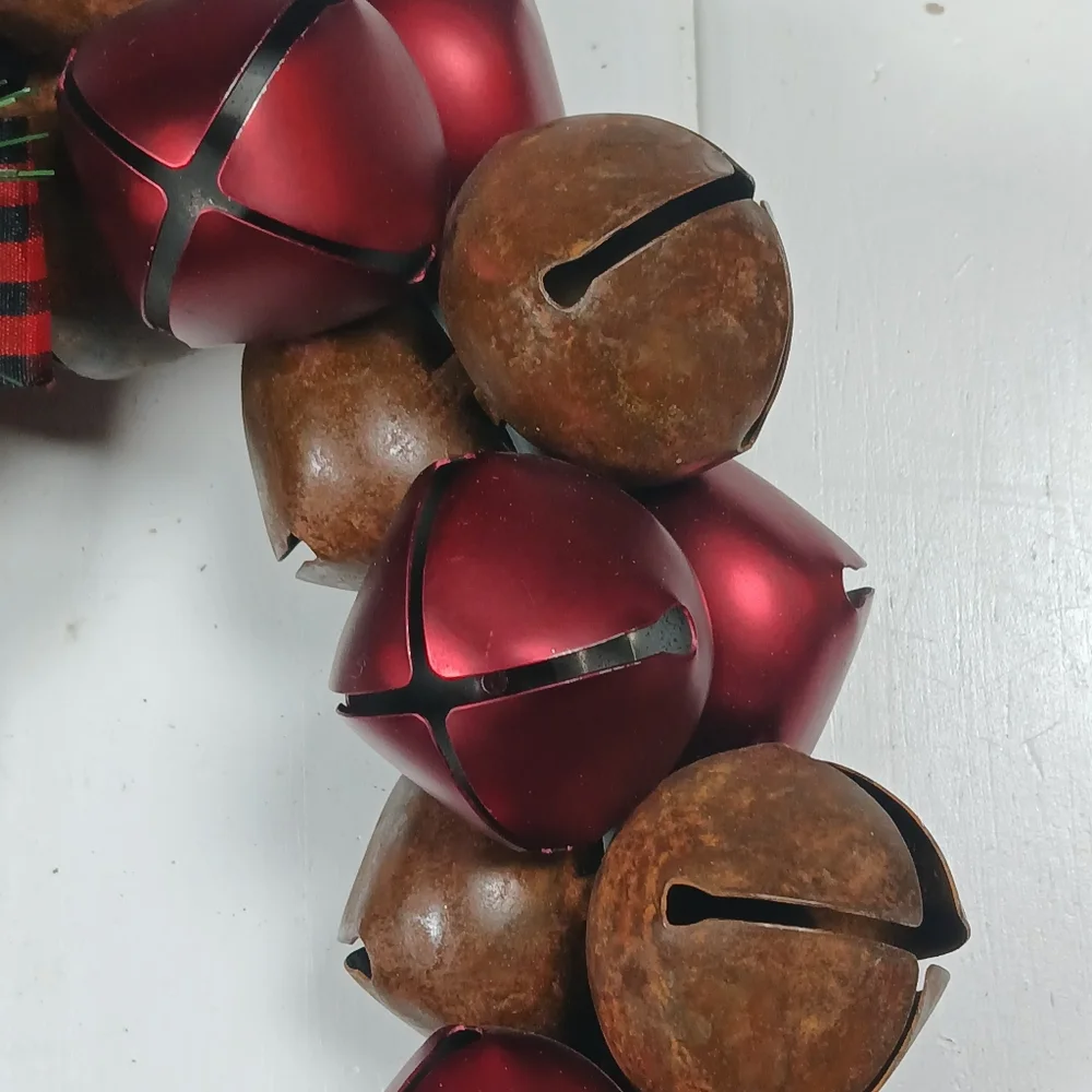 Red & Brown 13” Jingle Bell Metal Christmas Wreath, Holiday Decor Indoor Outdoor